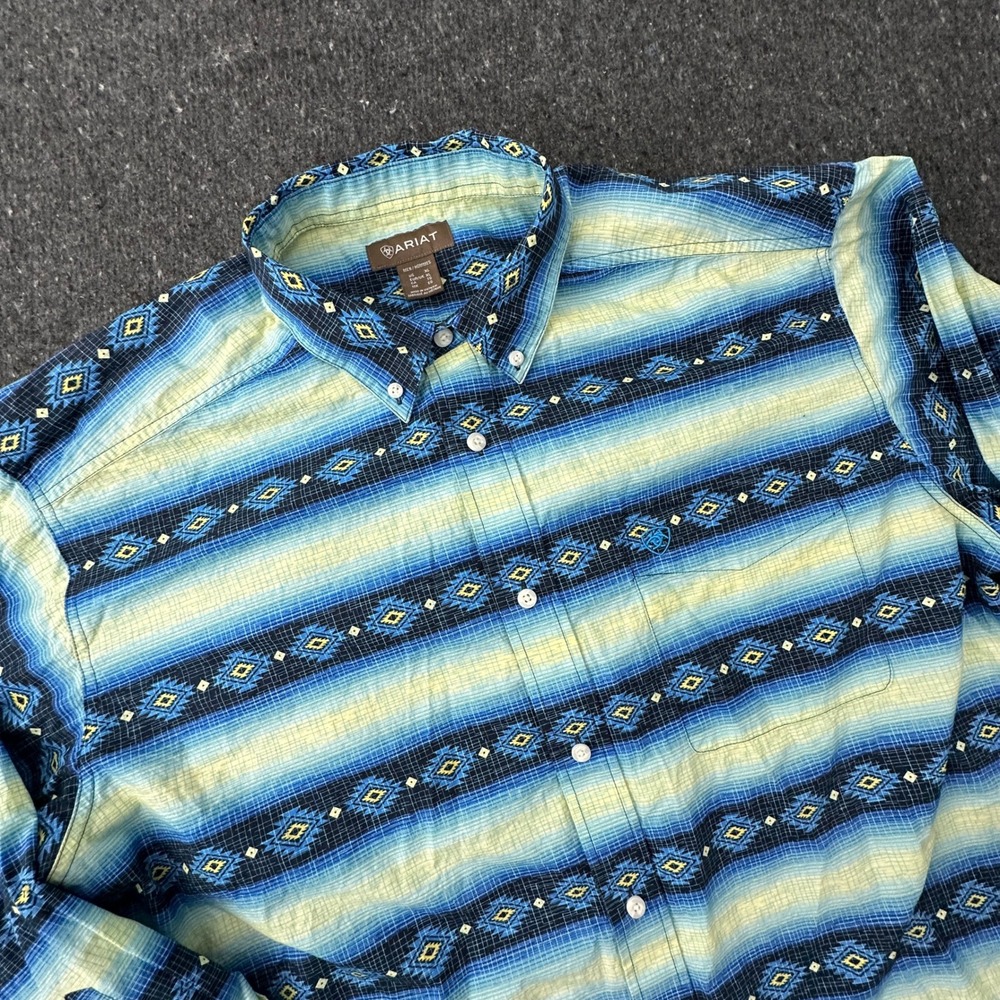 Ariat Penn LS Shrt Men XL Blue Aztec Print Button Down Western Shrt Cowboy Rodeo